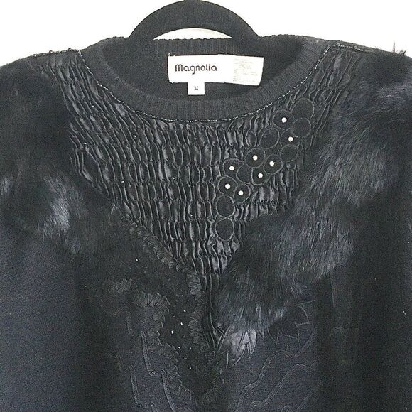 Magnolia Vintage Embellished Crew Neck Long Sleeve Wool Angora Sweater Black  M - Picture 3 of 7